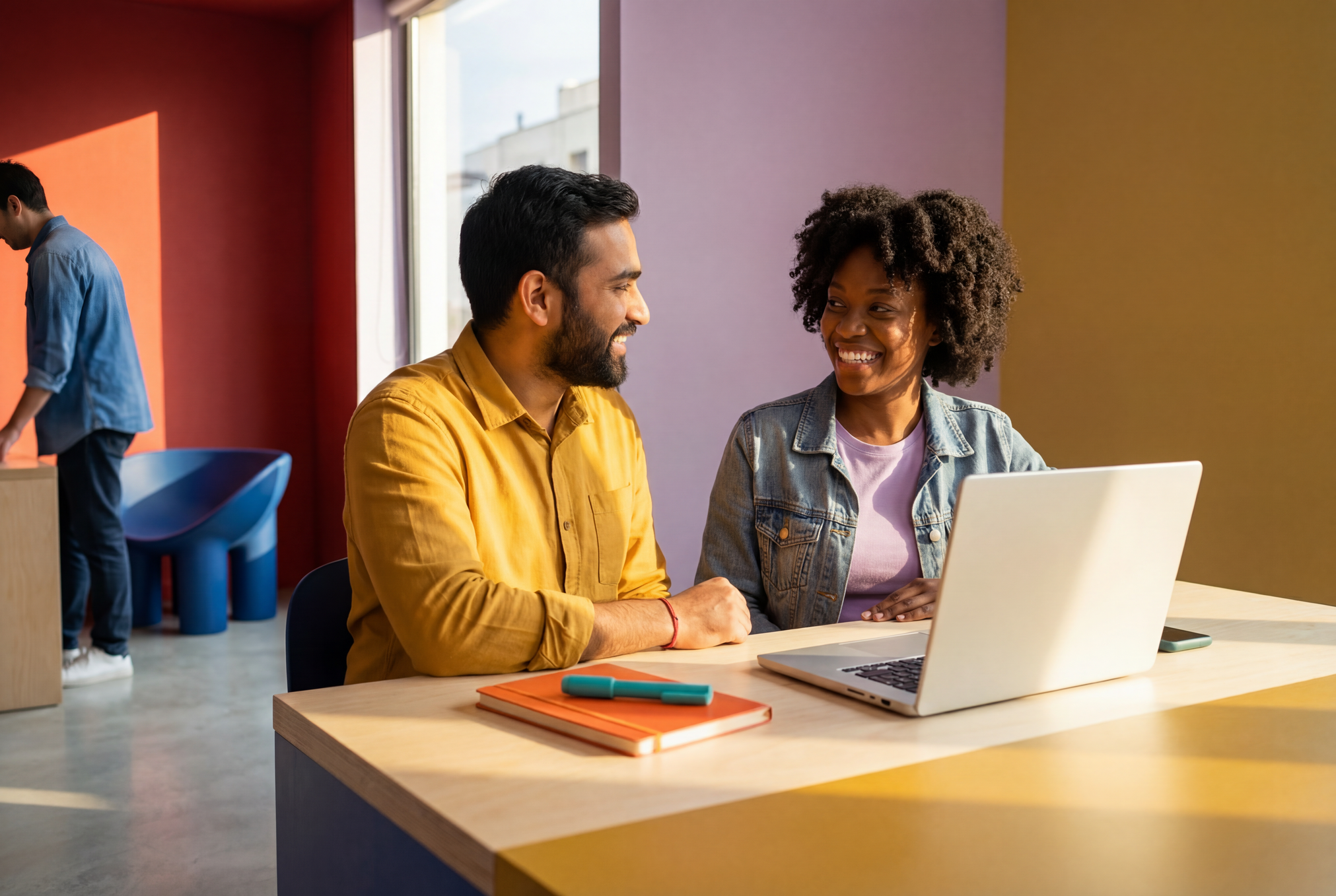 Two colleagues working together at a laptop in a bright accessible workplace